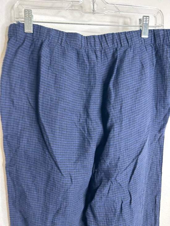 Eileen Fisher 100% Organic Linen Blue Black Checkered Pull on Drawstring Pant