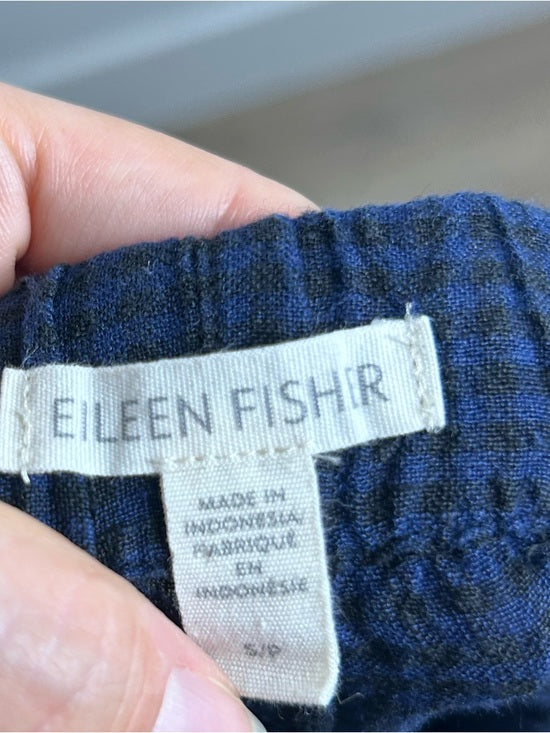 Eileen Fisher 100% Organic Linen Blue Black Checkered Pull on Drawstring Pant