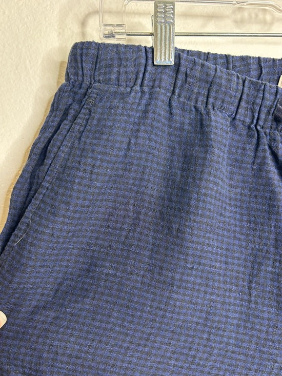 Eileen Fisher 100% Organic Linen Blue Black Checkered Pull on Drawstring Pant