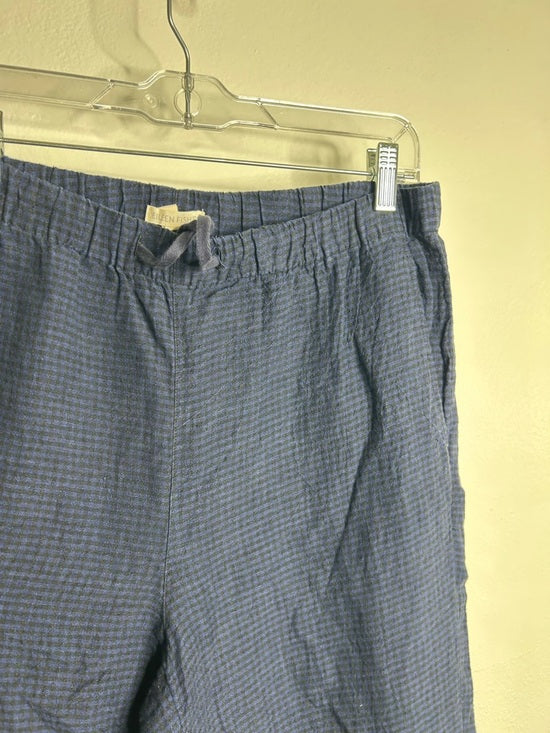 Eileen Fisher 100% Organic Linen Blue Black Checkered Pull on Drawstring Pant