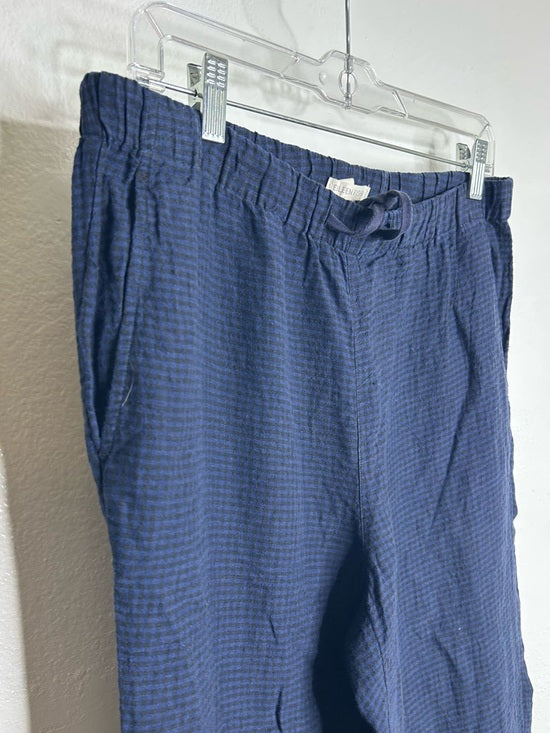 Eileen Fisher 100% Organic Linen Blue Black Checkered Pull on Drawstring Pant