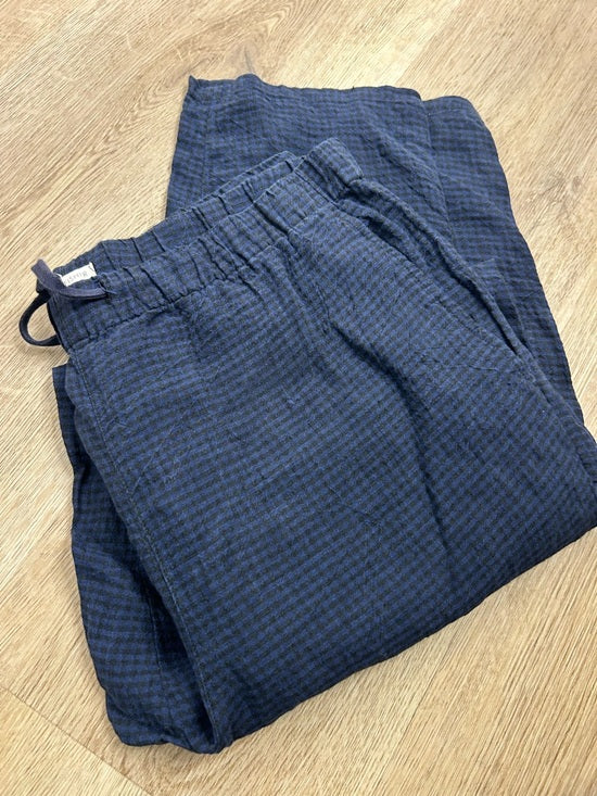 Eileen Fisher 100% Organic Linen Blue Black Checkered Pull on Drawstring Pant