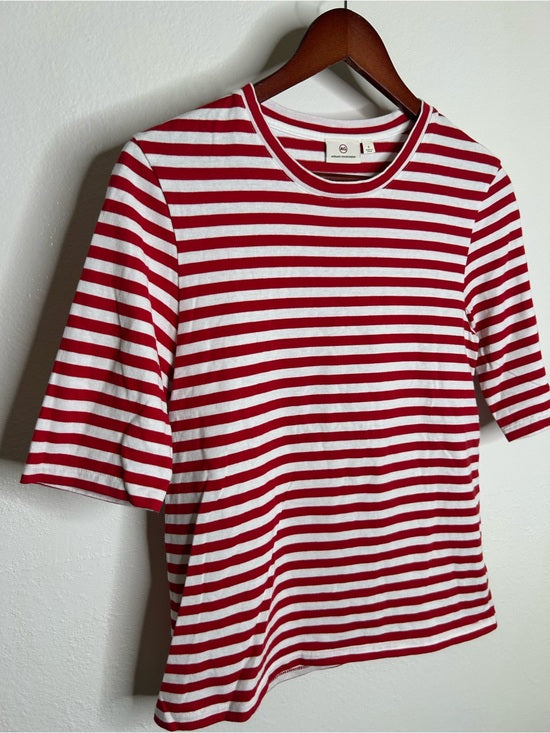 Ag Adriano Goldschmied AG 100% Cotton Red Striped Short Sleeve Crew Neck T- Shirt - Cotton