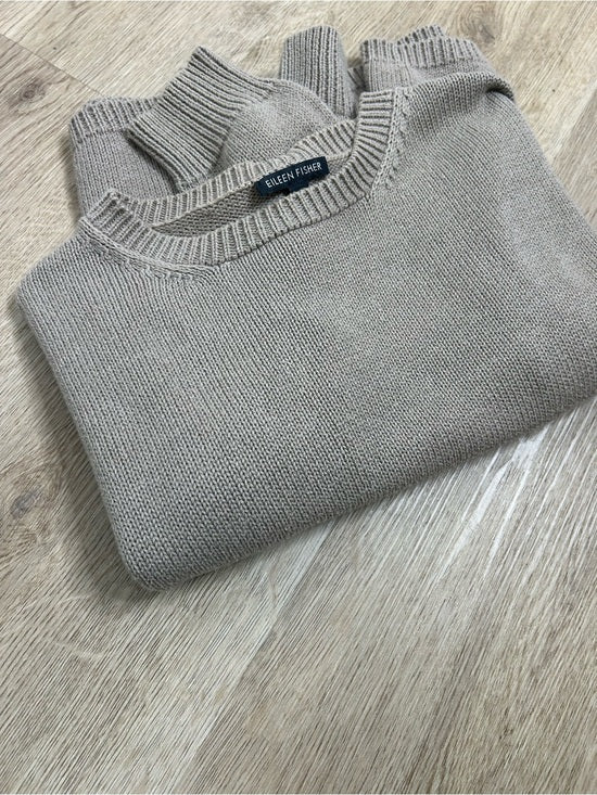 Eileen Fisher 100% Organic Cotton Tan Neutral Textured Knit Pullover Sweater