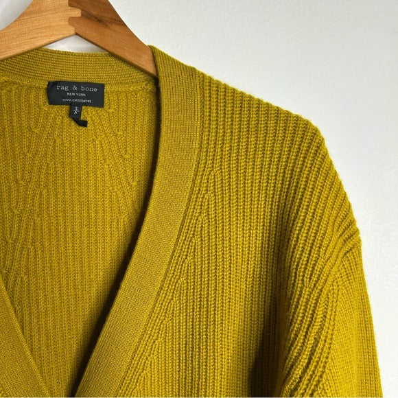 Rag &amp; Bone 100% Cashmere Thick Textured Knit Boyfriend Cardigan Mustard Yellow