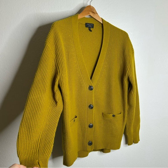 Rag &amp; Bone 100% Cashmere Thick Textured Knit Boyfriend Cardigan Mustard Yellow