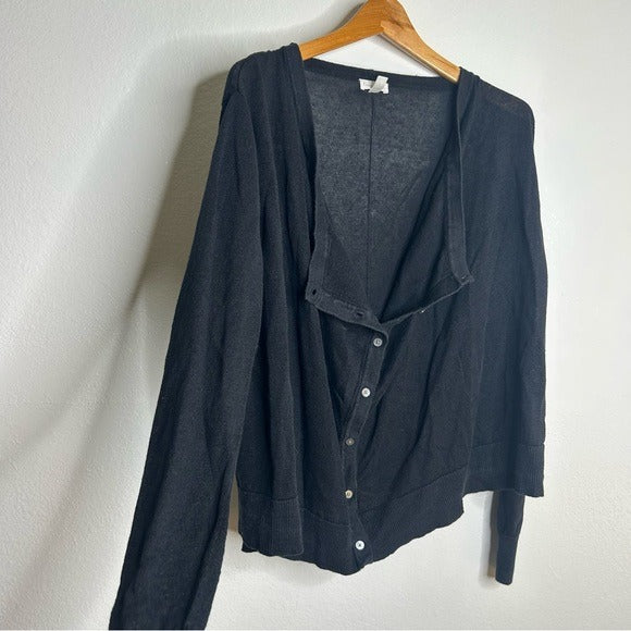 Garnet Hill 100% Linen Knit Lightweight Slouchy Black Button Down Cardigan