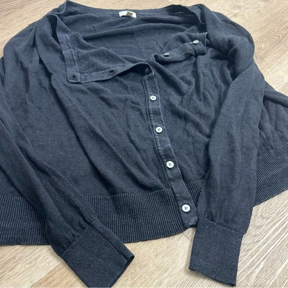 Garnet Hill 100% Linen Knit Lightweight Slouchy Black Button Down Cardigan
