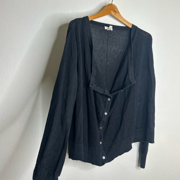 Garnet Hill 100% Linen Knit Lightweight Slouchy Black Button Down Cardigan
