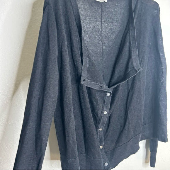 Garnet Hill 100% Linen Knit Lightweight Slouchy Black Button Down Cardigan