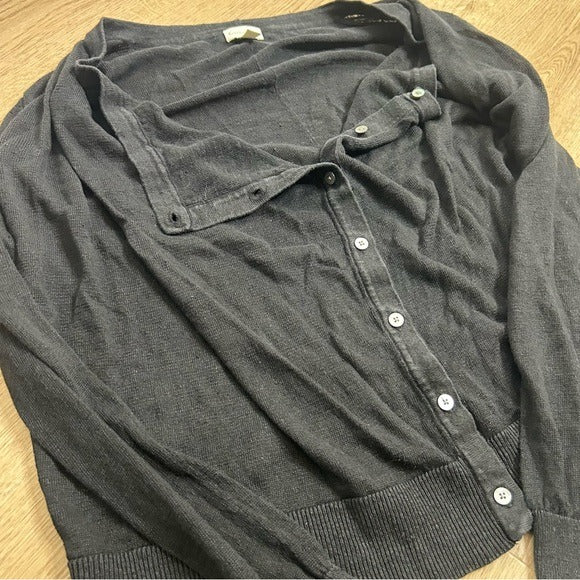 Garnet Hill 100% Linen Knit Lightweight Slouchy Black Button Down Cardigan