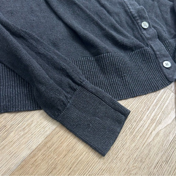 Garnet Hill 100% Linen Knit Lightweight Slouchy Black Button Down Cardigan