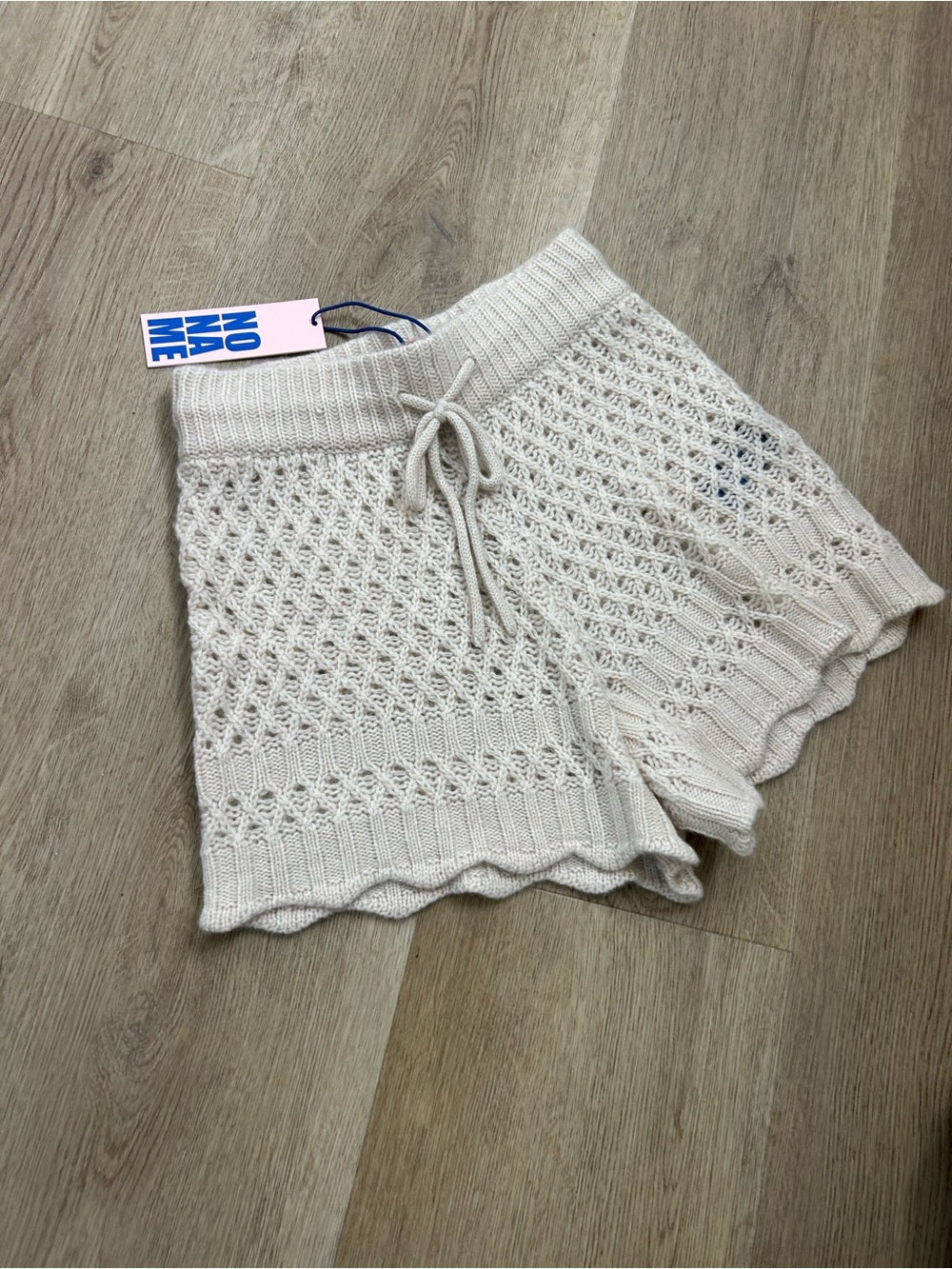 no name No Name 100% Cashmere Crochet Cream Drawstring Knit Shorts - Cashmere