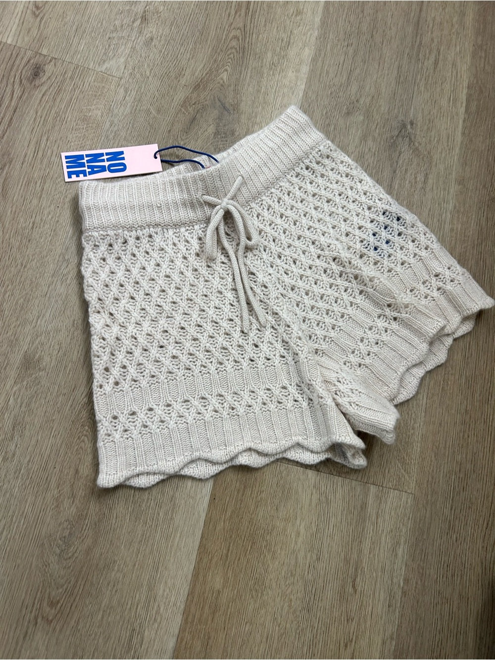 no name No Name 100% Cashmere Crochet Cream Drawstring Knit Shorts - Cashmere