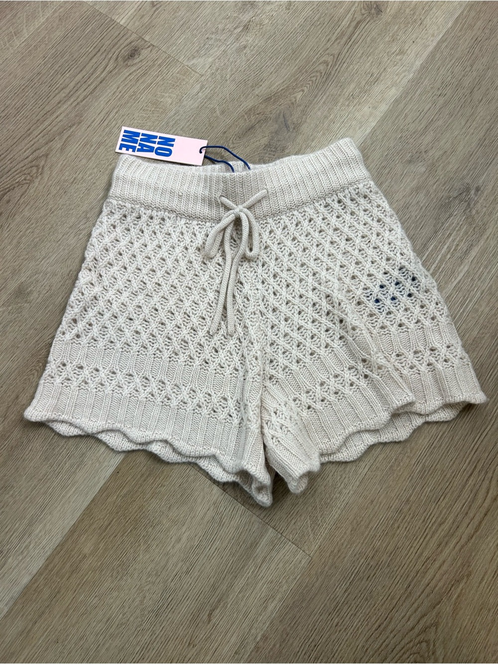 no name No Name 100% Cashmere Crochet Cream Drawstring Knit Shorts - Cashmere