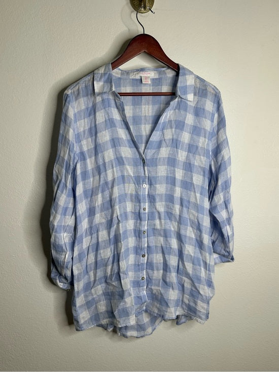 Isaac Mizrahi 100% Linen Blue White Gingham Checkered Button Down Tunic Top