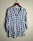 Isaac Mizrahi 100% Linen Blue White Gingham Checkered Button Down Tunic Top