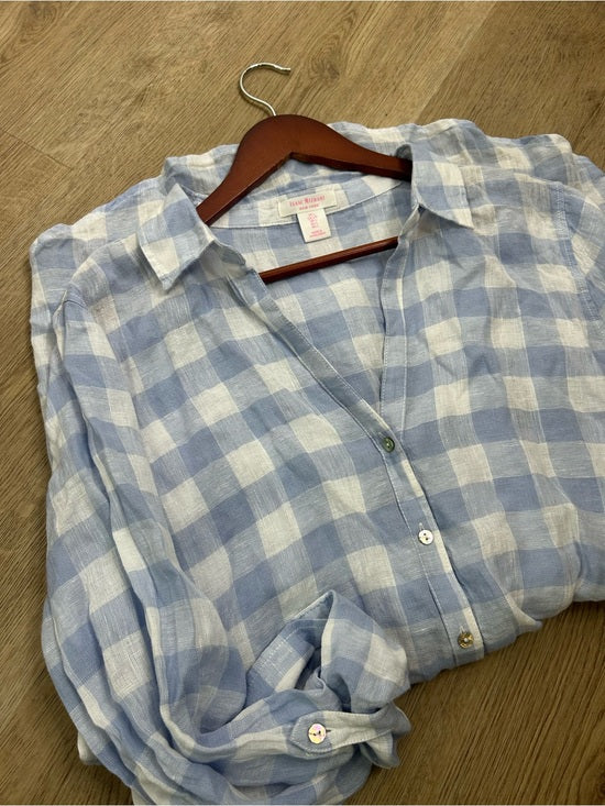Isaac Mizrahi 100% Linen Blue White Gingham Checkered Button Down Tunic Top