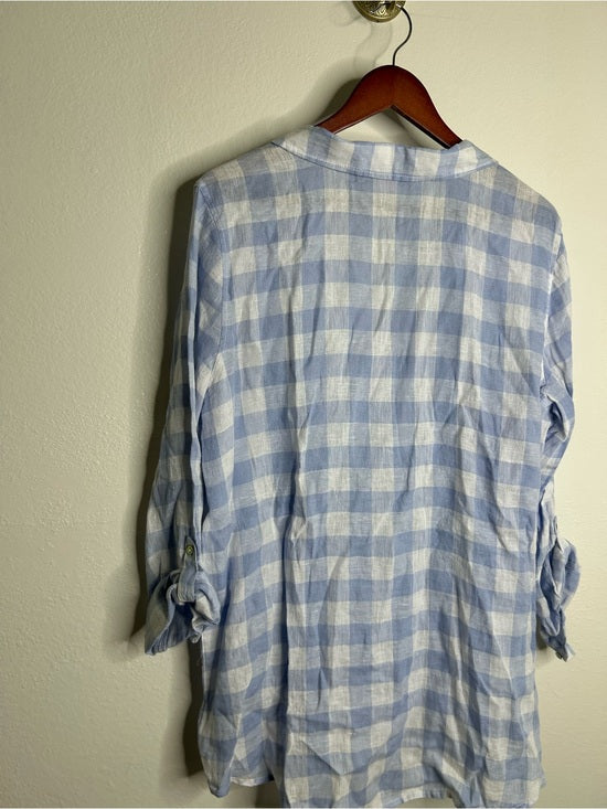 Isaac Mizrahi 100% Linen Blue White Gingham Checkered Button Down Tunic Top