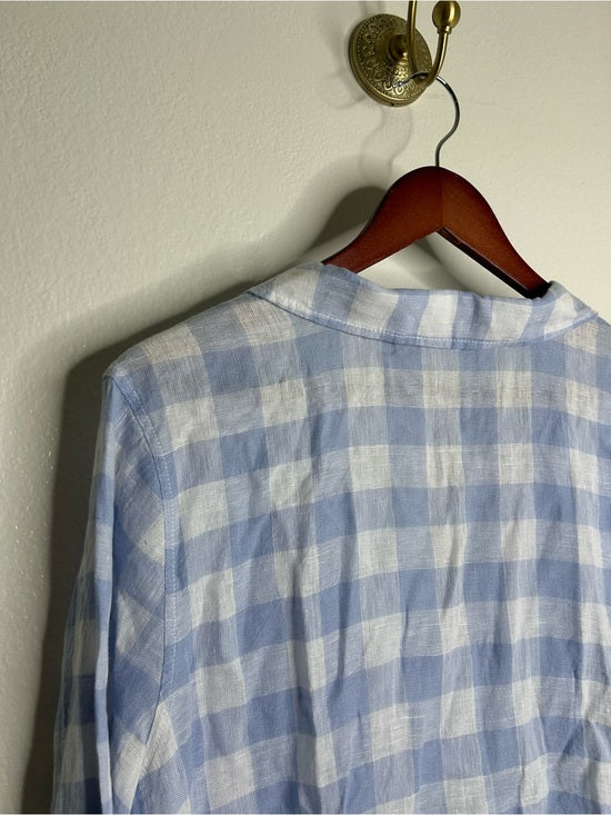 Isaac Mizrahi 100% Linen Blue White Gingham Checkered Button Down Tunic Top