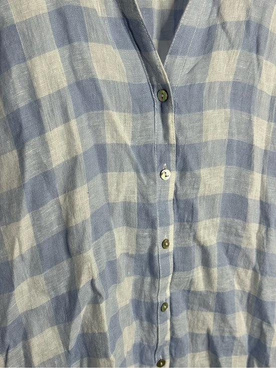 Isaac Mizrahi 100% Linen Blue White Gingham Checkered Button Down Tunic Top