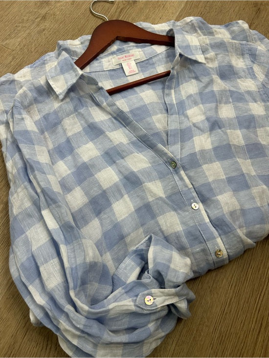 Isaac Mizrahi 100% Linen Blue White Gingham Checkered Button Down Tunic Top