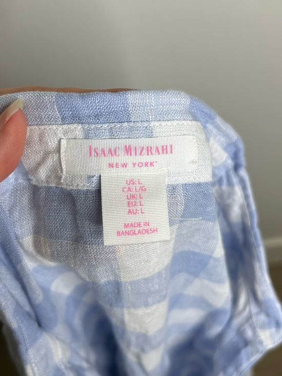 Isaac Mizrahi 100% Linen Blue White Gingham Checkered Button Down Tunic Top