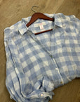 Isaac Mizrahi 100% Linen Blue White Gingham Checkered Button Down Tunic Top