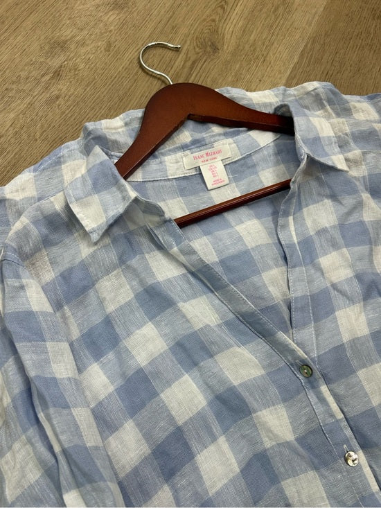 Isaac Mizrahi 100% Linen Blue White Gingham Checkered Button Down Tunic Top