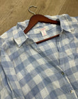 Isaac Mizrahi 100% Linen Blue White Gingham Checkered Button Down Tunic Top