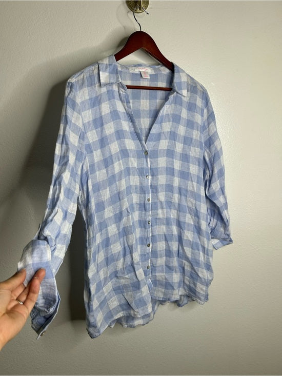 Isaac Mizrahi 100% Linen Blue White Gingham Checkered Button Down Tunic Top