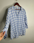 Isaac Mizrahi 100% Linen Blue White Gingham Checkered Button Down Tunic Top