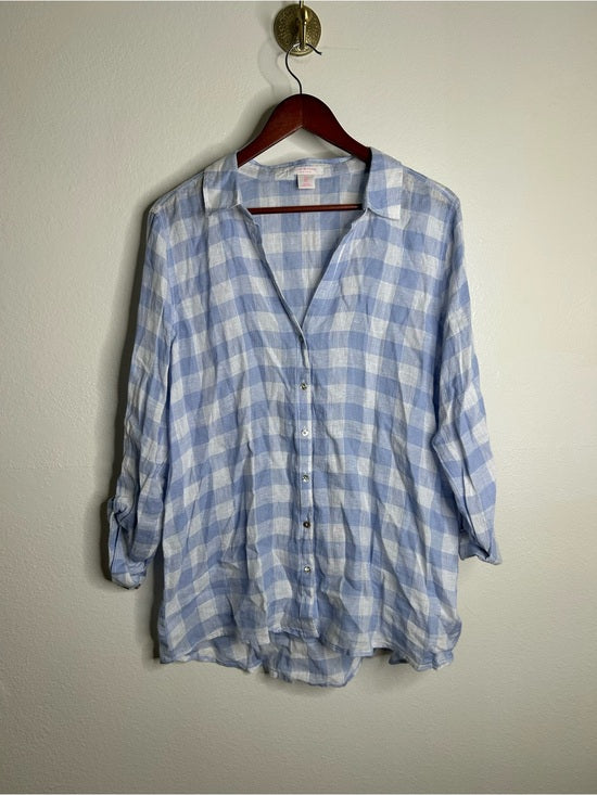 Isaac Mizrahi 100% Linen Blue White Gingham Checkered Button Down Tunic Top