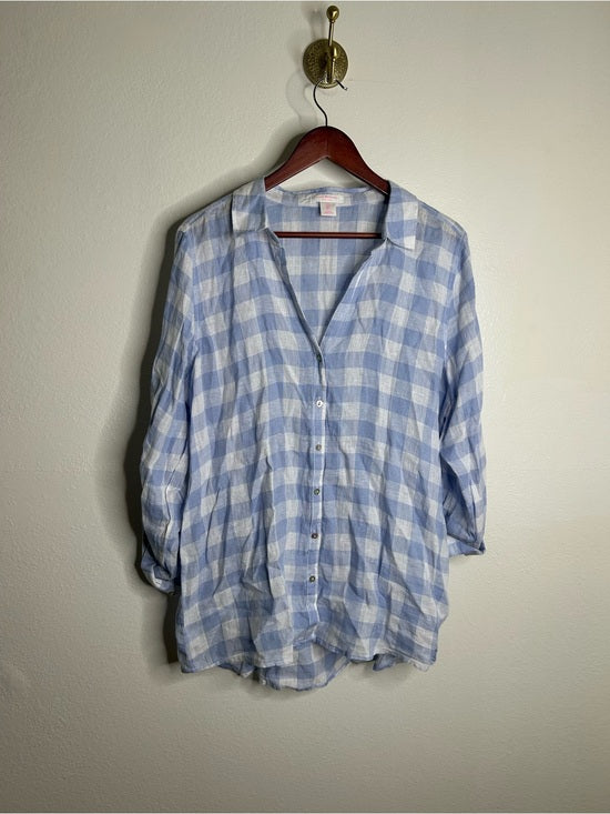 Isaac Mizrahi 100% Linen Blue White Gingham Checkered Button Down Tunic Top