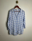 Isaac Mizrahi 100% Linen Blue White Gingham Checkered Button Down Tunic Top