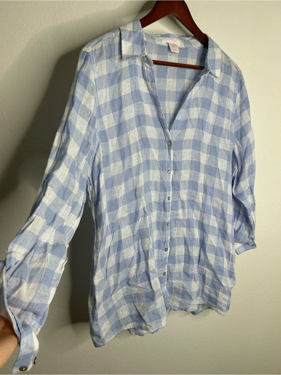 Isaac Mizrahi 100% Linen Blue White Gingham Checkered Button Down Tunic Top