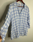 Isaac Mizrahi 100% Linen Blue White Gingham Checkered Button Down Tunic Top