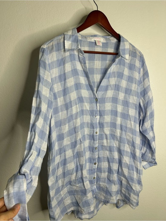 Isaac Mizrahi 100% Linen Blue White Gingham Checkered Button Down Tunic Top