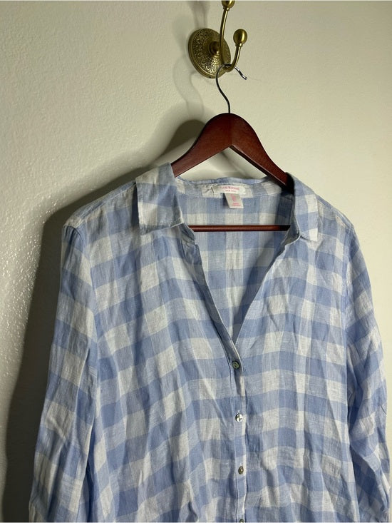 Isaac Mizrahi 100% Linen Blue White Gingham Checkered Button Down Tunic Top