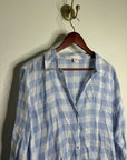 Isaac Mizrahi 100% Linen Blue White Gingham Checkered Button Down Tunic Top