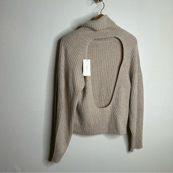 Vince VINCE 100% Cashmere Ribbed Turtleneck Open Back Oatmeal Heather Sweater - Cashmere
