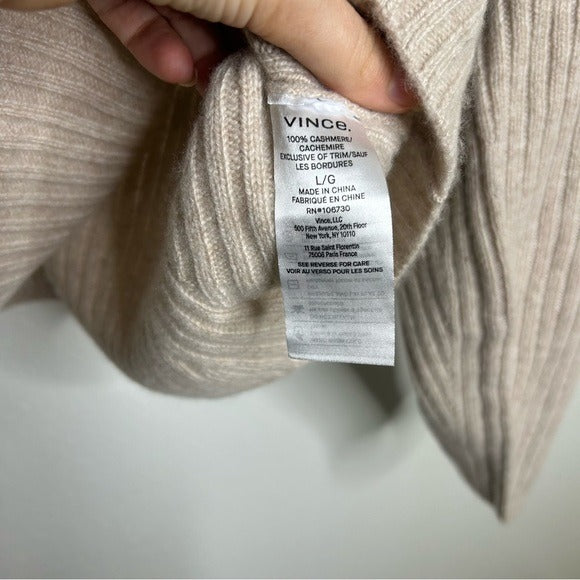 VINCE 100% Cashmere Ribbed Turtleneck Open Back Oatmeal Heather Sweater