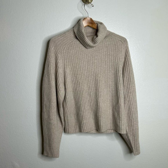 Vince VINCE 100% Cashmere Ribbed Turtleneck Open Back Oatmeal Heather Sweater - Cashmere