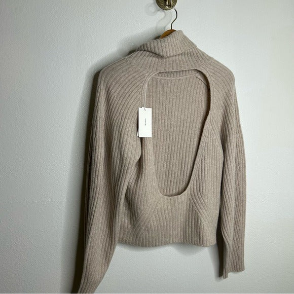 Vince VINCE 100% Cashmere Ribbed Turtleneck Open Back Oatmeal Heather Sweater - Cashmere