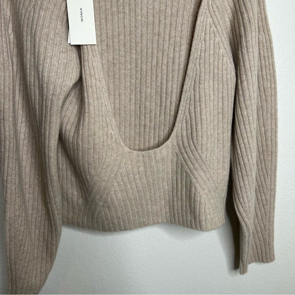 VINCE 100% Cashmere Ribbed Turtleneck Open Back Oatmeal Heather Sweater
