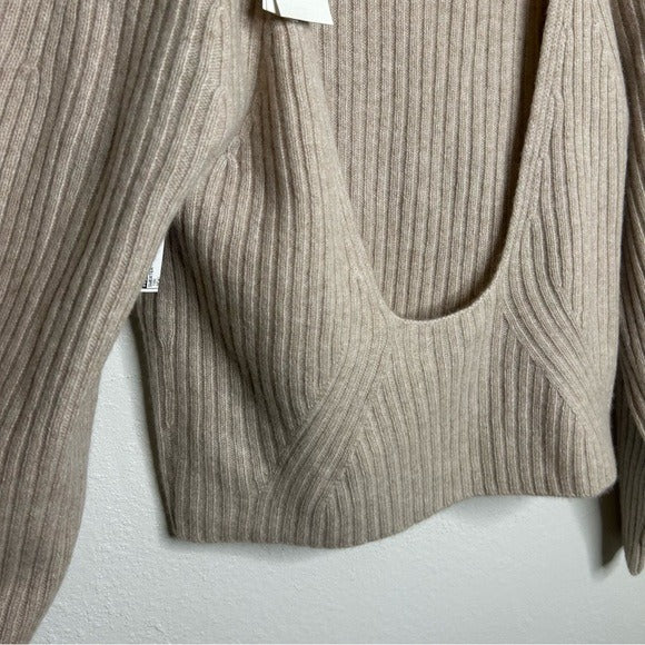 VINCE 100% Cashmere Ribbed Turtleneck Open Back Oatmeal Heather Sweater