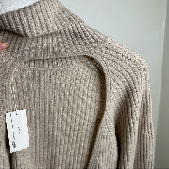 Vince VINCE 100% Cashmere Ribbed Turtleneck Open Back Oatmeal Heather Sweater - Cashmere