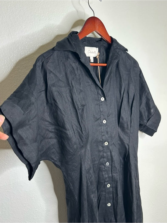Cleobella Cleobella 100% Linen Black Gilli Button Down Short Sleeve Midi Dress - Linen