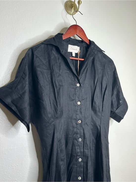 Cleobella Cleobella 100% Linen Black Gilli Button Down Short Sleeve Midi Dress - Linen