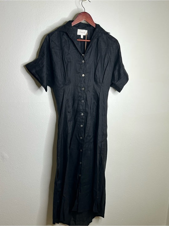 Cleobella 100% Linen Black Gilli Button Down Short Sleeve Midi Dress